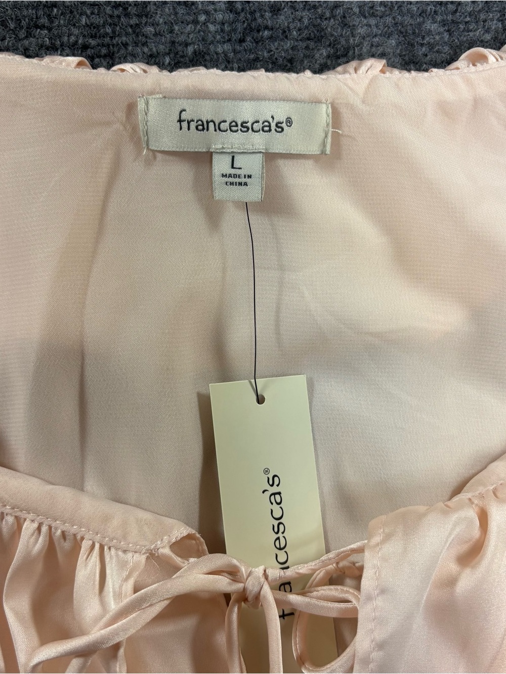 Francesca's Blush Pink Ella Ruffle Tiered Satin Tie-String Babydoll L Blouse NWT - Picture 4 of 8